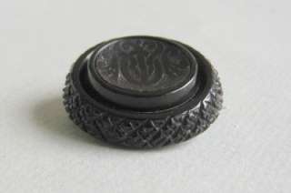 ANTIQUE WHITBY JET ENGRAVED MOURNING HAIR BROOCH & LOCKET Victorian 