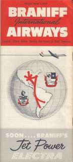 Braniff Airways system timetable dated 3/1/59. Electras, DC 7s, DC 6 