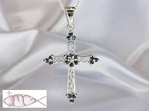   Sterling Silver Genuine Sapphire Filigree Cross Pendant/Necklace