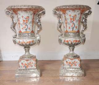Pair 3ft Silver Plate Imari Porcelain Pottery Urns  