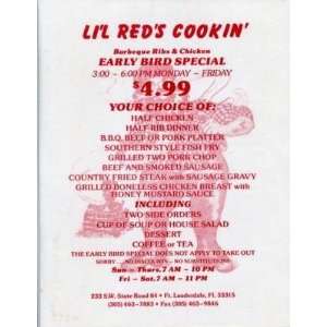   Lil Reds Cookin Menu Fort Lauderdale Florida 1990s 