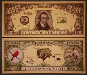 Virginia Old Dominion State Dollar Bill PLUS HOLDER  