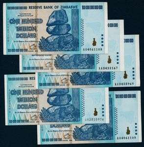 100 TRILLION DOLLARS ZIMBABWE x 5 BANK NOTES P91 ♥  