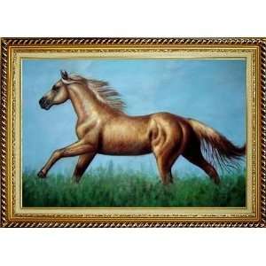  A Running Brown Horse in Green Field Oil Painting, with 