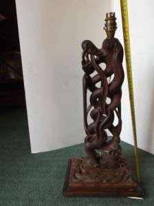 rare superb chinese carved dragon fighting snake wooden table lamp 