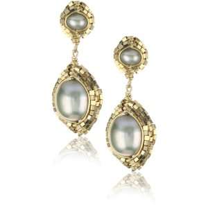   Dana Kellin Double Pearl Gold Bead Wrapped Post Drop Earrings Jewelry