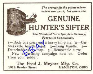 1912 FRED MEYERS HUNTERS SIFTER AD FLOUR HAMILTON OH OHIO  