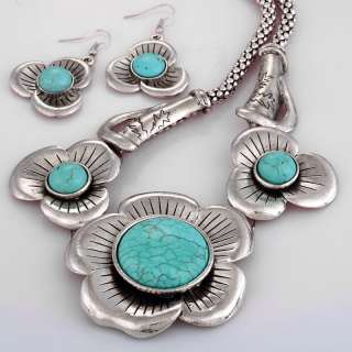 FLOWER Tibet silver bead earring necklace set turquoise  