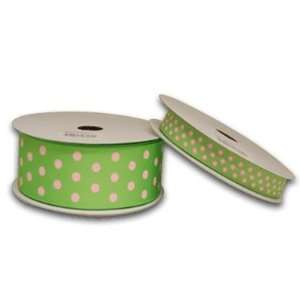   Ribbon Color Dots 1 1/2 inch 25 Yards, Apple Green with Pink Dots