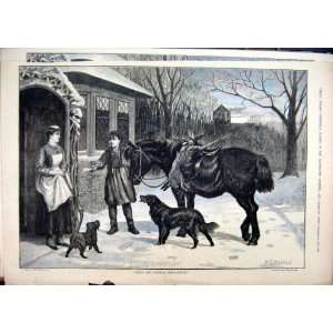    1883 Snow Scene Boy Horse Dog Hare Bird Woman Door