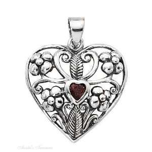   Silver 18 Box Chain Necklace With Garnet Heart Within A Heart Pendant