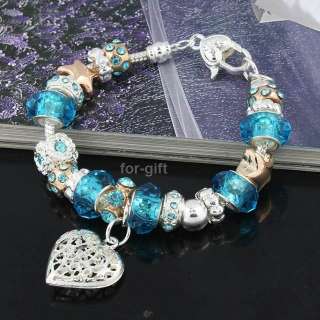 Blue murano glass beads crystal heart charms European silver plated 