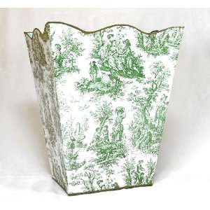  Edge Vintage Green Toile Metal Waste Basket with French Toile Pattern