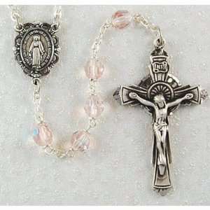  Pewter 6mm Bead Tin Cut Rose Ab Crystal Pink Rosary 