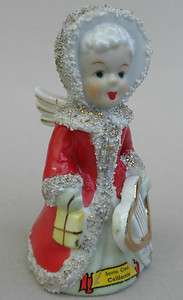Vtg Porcelain Xmas BELL Japan ANGEL Spaghetti Trim c1950s Harp Santa 