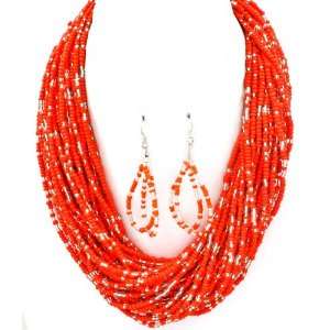   Bright Coral Mint Seed Bead Twist Button Necklace Earring Set: Jewelry