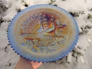 NORTHWOOD PEACOCK FENCE STIPPLED BLUE CARNIVAL GLASS PLATE ANTIQUE 