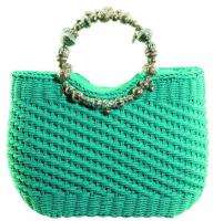 Summer Purse Woven Silver Beaded Handle Handbag Bag Fuchsia Turquoise 