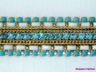Vintage Signed HOBE Turquoise White Glass & Blue Rhinestone Bracelet 