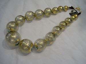 Murano glass necklace. Blown glass beads, grey+gold leaf.TOP QUALITY 