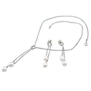  Pearl Lariat Earrings and Necklace Set in Sterling Silver 
