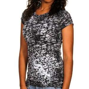   Ladies Scroll Burnout Premium Crew T shirt   Black: Sports & Outdoors
