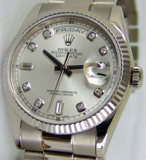 ROLEX   Mens 18kt White Gold Day Date President   Silver Diamond Dial 
