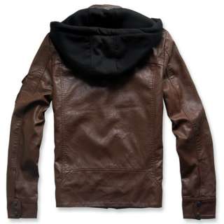 846A New GENTLEMENS Hoody Classic Brown Zip PU Leather Slim Jacket 
