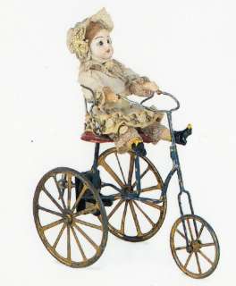   Postcard:Antique FRENCH DOLL Bisque + Tinplate Tricycle 19th century