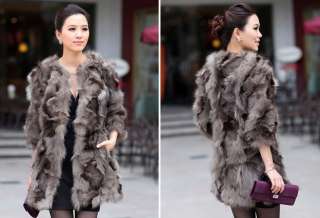 New Long Fox Fur Collarless 3/4 Sleeve Women Winter Coat Size S M L XL 