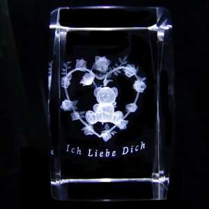3D Laser Kristall Glasblock mit LED Beleuchtung   Teddy in Rosen 
