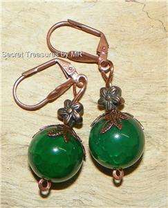   Green Crabbed Agate Ball Copper Leverback Filigree Earrings  