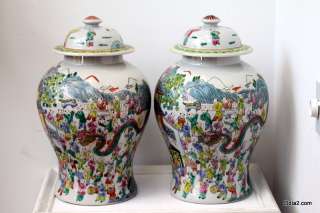 Pair of Antique Polychrome Chinese Porcelain Temple jars  