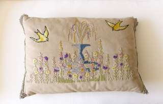 Hand Emboridered Burlap & Cotton Vintage Pillow w/Birds  
