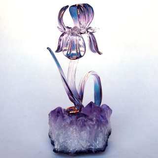 Iris Figurine of Hand Blown Glass Amethyst Crystal Gold  