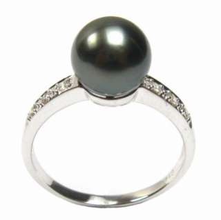 9mm Tahitian Black Pearl 2.0g 14K White Gold 0.08CT Diamond Ring 