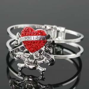 Bangle Bracelet Red Rhinestones Crystal Heart Skull