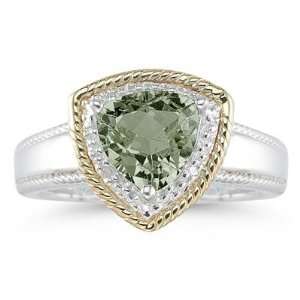  Trillion Cut Green Amethyst and Diamond Ring in 14K Yellow 