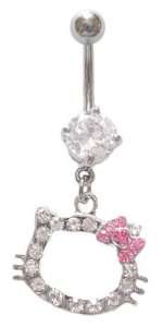 Hello Kitty Pink Bow Cz Head dangle Belly navel Ring piercing bar body 