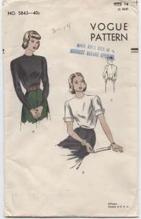   Pattern 5843 Misses Blouse 1940s 2 Styles Easy To Make Sz 14  