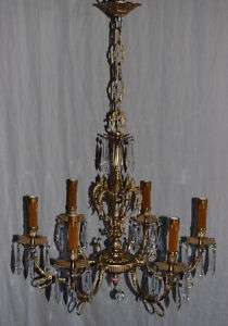 Antique Brass and Crystal Six Arm Spanish Chandelier  