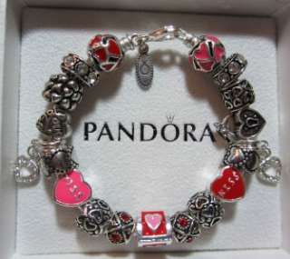 Authentic Pandora Bracelet w 20 beads and charms FIRST KISS red pink 
