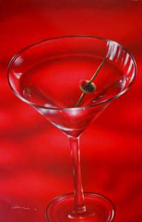   Art Bar Red Martini Drink Cocktail Glass 36X24 STRETCHED Oil Painting