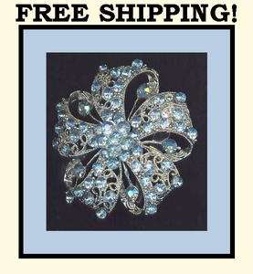   Brides Bridal Flowers Jewelry Pins Brooches Broaches Rhinestones Blue