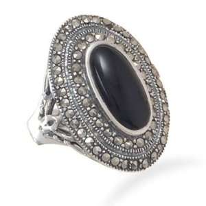  Black Onyx Marcasite Ring Antiqued Sterling Silver Oval 