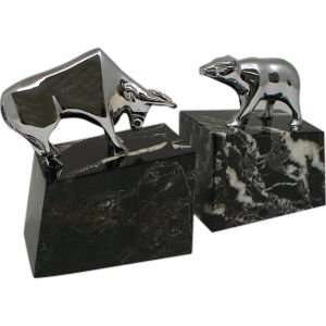  Brass Bull & Bear Marble Bookends, Chrome Plated Office 