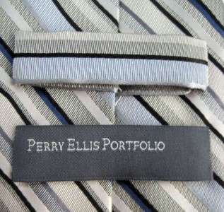 NEW PERRY ELLIS NECKTIE SILVER BABY BLUE BLACK WHITE STRIPE PATTERN 