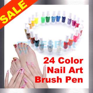 24 Color Nail Art Varnish Polish Pen 2 Way Paint Brush  