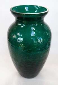 Large 10.5 Emerald Green Crackle Glass Vase  