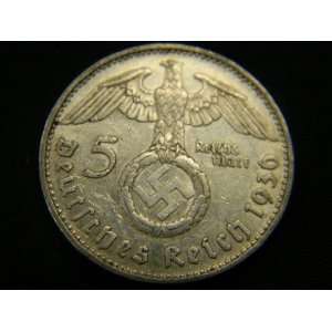   German coin 5 Mark Hindenburg with Swastika, Silver 